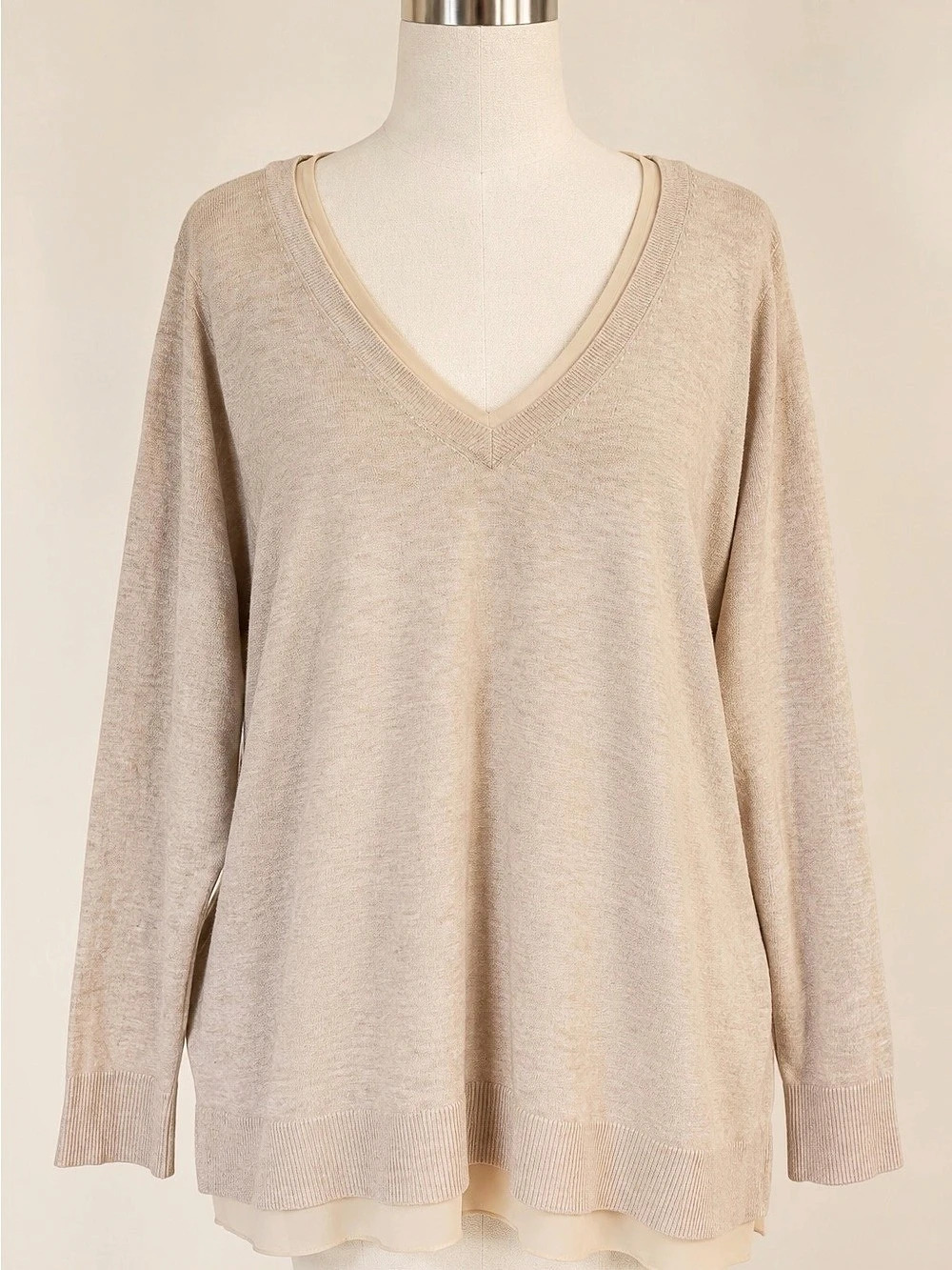 Lane Bryant 22/24 Beige Layered V Neck Sweater Plus Size Chiffon Hem